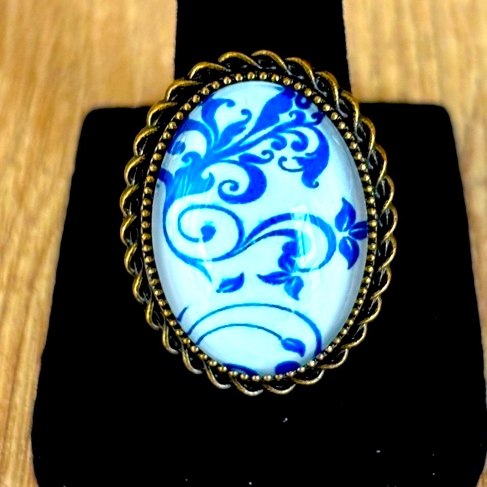 Blue and White Floral Print Victorian Style Adjustable Ring, Handmade, NWT